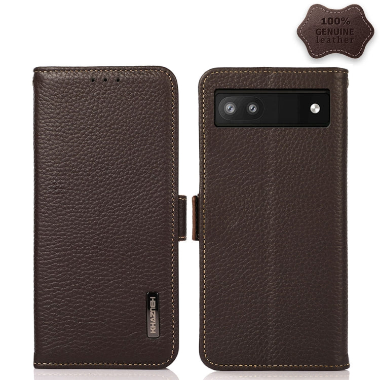 For Google Pixel 6a KHAZNEH Side-Magnetic Litchi Genuine Leather RFID Case(Brown) - Google Cases by buy2fix | Online Shopping UK | buy2fix