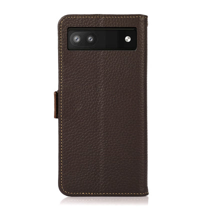 For Google Pixel 6a KHAZNEH Side-Magnetic Litchi Genuine Leather RFID Case(Brown) - Google Cases by buy2fix | Online Shopping UK | buy2fix
