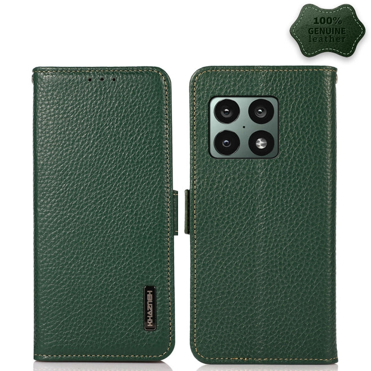 For OnePlus 10 Pro 5G KHAZNEH Side-Magnetic Litchi Genuine Leather RFID Phone Case(Green) - OnePlus Cases by buy2fix | Online Shopping UK | buy2fix