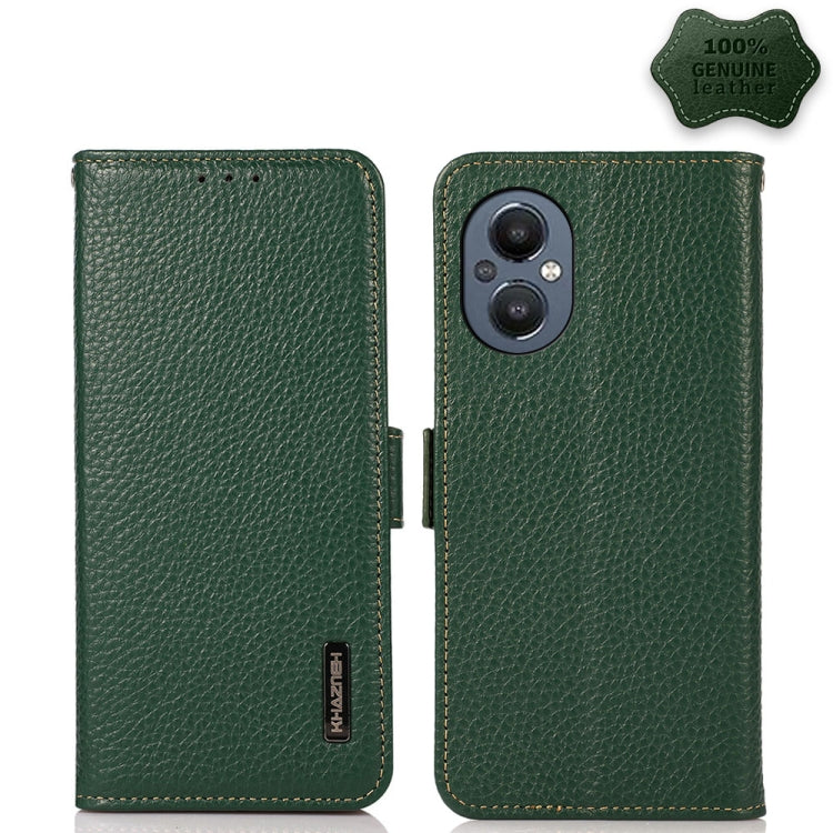 For OnePlus N20 5G KHAZNEH Side-Magnetic Litchi Genuine Leather RFID Phone Case(Green) - OnePlus Cases by buy2fix | Online Shopping UK | buy2fix