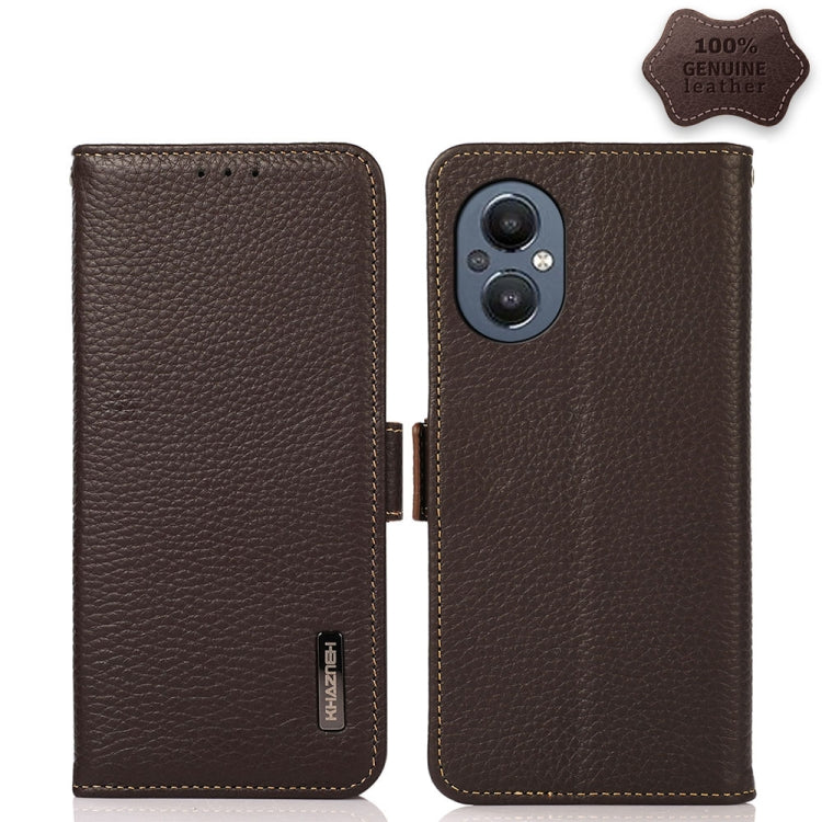 For OnePlus N20 5G KHAZNEH Side-Magnetic Litchi Genuine Leather RFID Phone Case(Brown) - OnePlus Cases by buy2fix | Online Shopping UK | buy2fix
