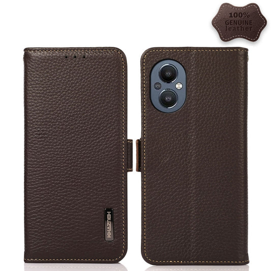For OnePlus N20 5G KHAZNEH Side-Magnetic Litchi Genuine Leather RFID Phone Case(Brown) - OnePlus Cases by buy2fix | Online Shopping UK | buy2fix