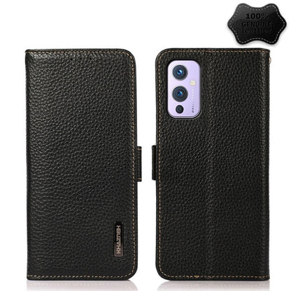 For OnePlus 9 KHAZNEH Side-Magnetic Litchi Genuine Leather RFID Phone Case(Black) - OnePlus Cases by buy2fix | Online Shopping UK | buy2fix