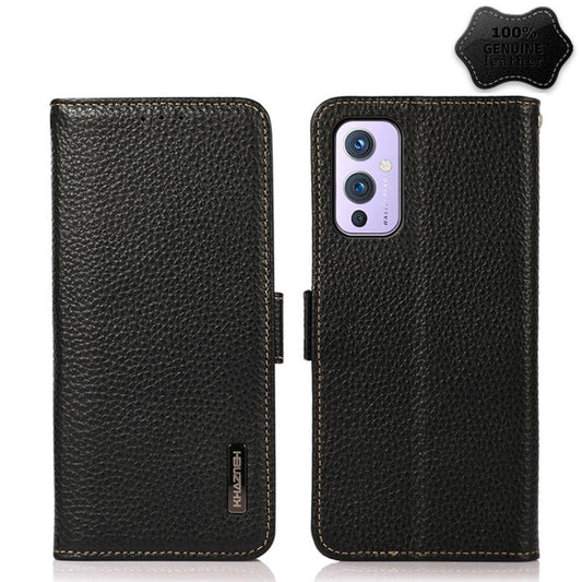 For OnePlus 9 KHAZNEH Side-Magnetic Litchi Genuine Leather RFID Phone Case(Black) - OnePlus Cases by buy2fix | Online Shopping UK | buy2fix