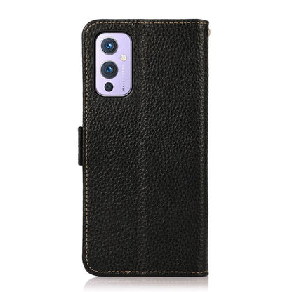 For OnePlus 9 KHAZNEH Side-Magnetic Litchi Genuine Leather RFID Phone Case(Black) - OnePlus Cases by buy2fix | Online Shopping UK | buy2fix