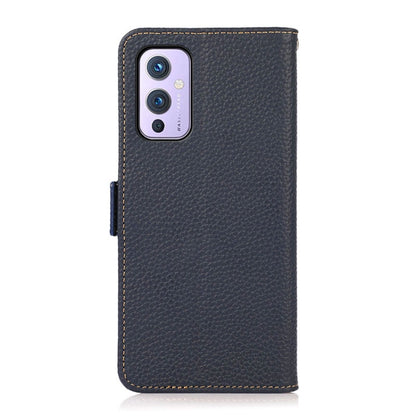 For OnePlus 9 KHAZNEH Side-Magnetic Litchi Genuine Leather RFID Phone Case(Blue) - OnePlus Cases by buy2fix | Online Shopping UK | buy2fix