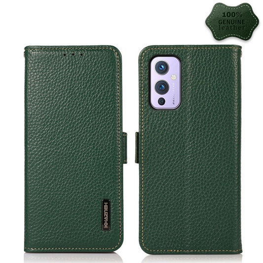 For OnePlus 9 KHAZNEH Side-Magnetic Litchi Genuine Leather RFID Phone Case(Green) - OnePlus Cases by buy2fix | Online Shopping UK | buy2fix