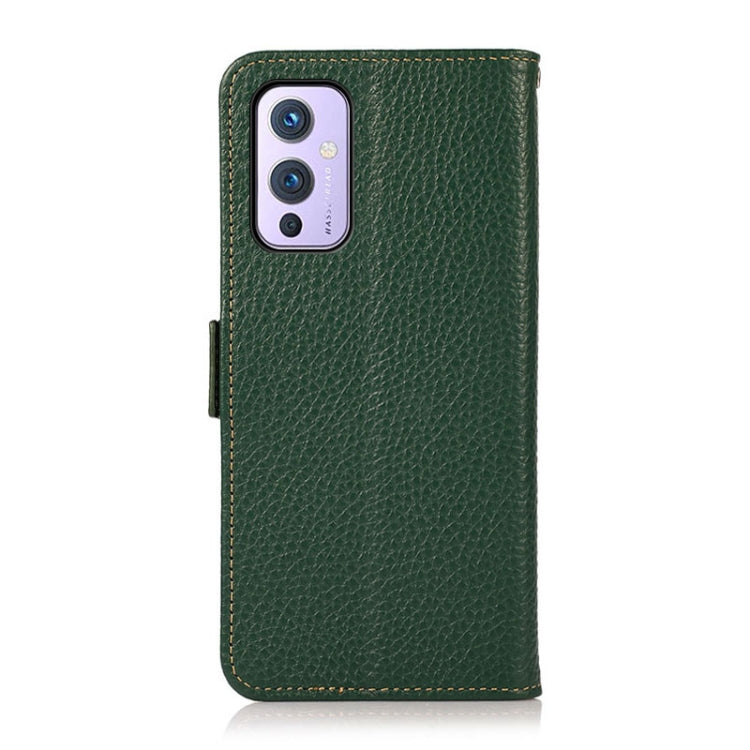 For OnePlus 9 KHAZNEH Side-Magnetic Litchi Genuine Leather RFID Phone Case(Green) - OnePlus Cases by buy2fix | Online Shopping UK | buy2fix