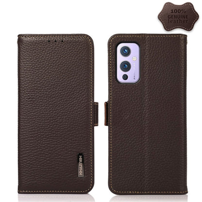 For OnePlus 9 KHAZNEH Side-Magnetic Litchi Genuine Leather RFID Phone Case(Brown) - OnePlus Cases by buy2fix | Online Shopping UK | buy2fix