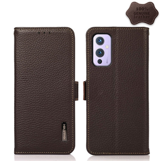 For OnePlus 9 KHAZNEH Side-Magnetic Litchi Genuine Leather RFID Phone Case(Brown) - OnePlus Cases by buy2fix | Online Shopping UK | buy2fix