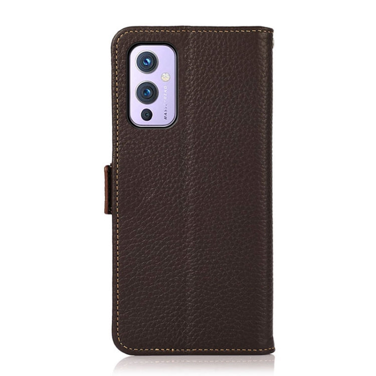 For OnePlus 9 KHAZNEH Side-Magnetic Litchi Genuine Leather RFID Phone Case(Brown) - OnePlus Cases by buy2fix | Online Shopping UK | buy2fix
