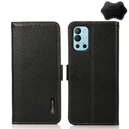 For OnePlus 9R KHAZNEH Side-Magnetic Litchi Genuine Leather RFID Phone Case(Black) - OnePlus Cases by buy2fix | Online Shopping UK | buy2fix