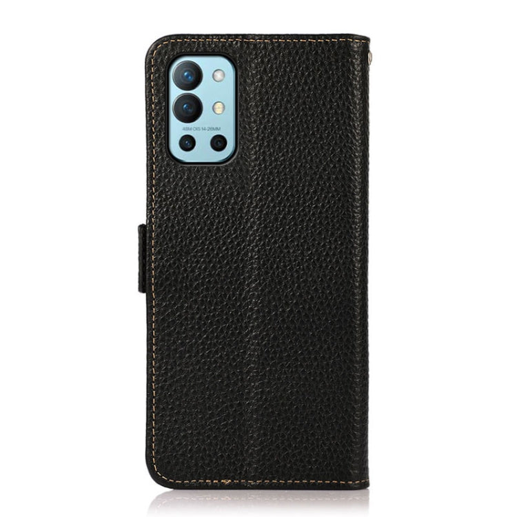 For OnePlus 9R KHAZNEH Side-Magnetic Litchi Genuine Leather RFID Phone Case(Black) - OnePlus Cases by buy2fix | Online Shopping UK | buy2fix