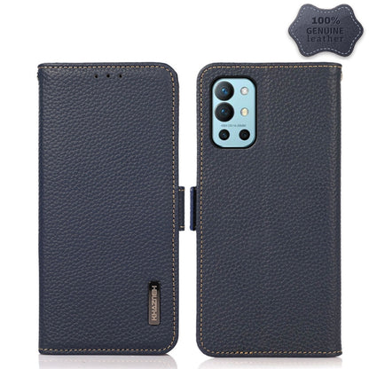 For OnePlus 9R KHAZNEH Side-Magnetic Litchi Genuine Leather RFID Phone Case(Blue) - OnePlus Cases by buy2fix | Online Shopping UK | buy2fix