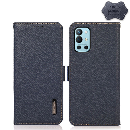 For OnePlus 9R KHAZNEH Side-Magnetic Litchi Genuine Leather RFID Phone Case(Blue) - OnePlus Cases by buy2fix | Online Shopping UK | buy2fix
