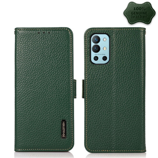 For OnePlus 9R KHAZNEH Side-Magnetic Litchi Genuine Leather RFID Phone Case(Green) - OnePlus Cases by buy2fix | Online Shopping UK | buy2fix