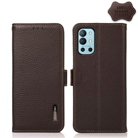 For OnePlus 9R KHAZNEH Side-Magnetic Litchi Genuine Leather RFID Phone Case(Brown) - OnePlus Cases by buy2fix | Online Shopping UK | buy2fix