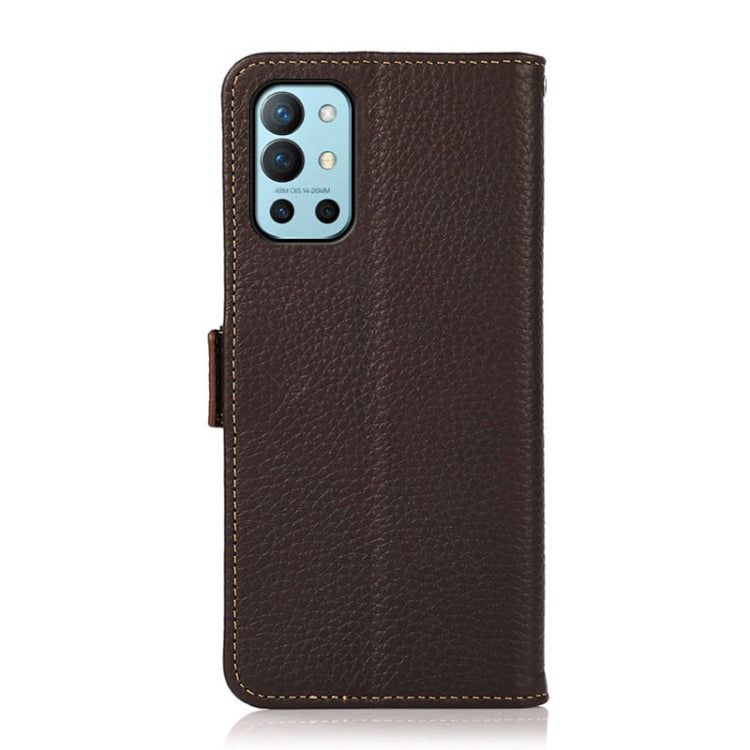 For OnePlus 9R KHAZNEH Side-Magnetic Litchi Genuine Leather RFID Phone Case(Brown) - OnePlus Cases by buy2fix | Online Shopping UK | buy2fix