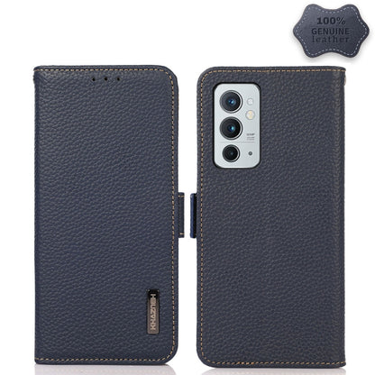 For OnePlus 9RT 5G KHAZNEH Side-Magnetic Litchi Genuine Leather RFID Phone Case(Blue) - OnePlus Cases by buy2fix | Online Shopping UK | buy2fix