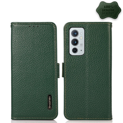 For OnePlus 9RT 5G KHAZNEH Side-Magnetic Litchi Genuine Leather RFID Phone Case(Green) - OnePlus Cases by buy2fix | Online Shopping UK | buy2fix