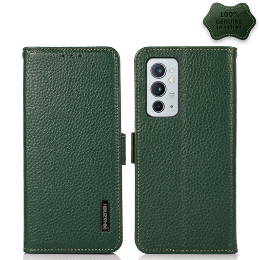 For OnePlus 9RT 5G KHAZNEH Side-Magnetic Litchi Genuine Leather RFID Phone Case(Green) - OnePlus Cases by buy2fix | Online Shopping UK | buy2fix