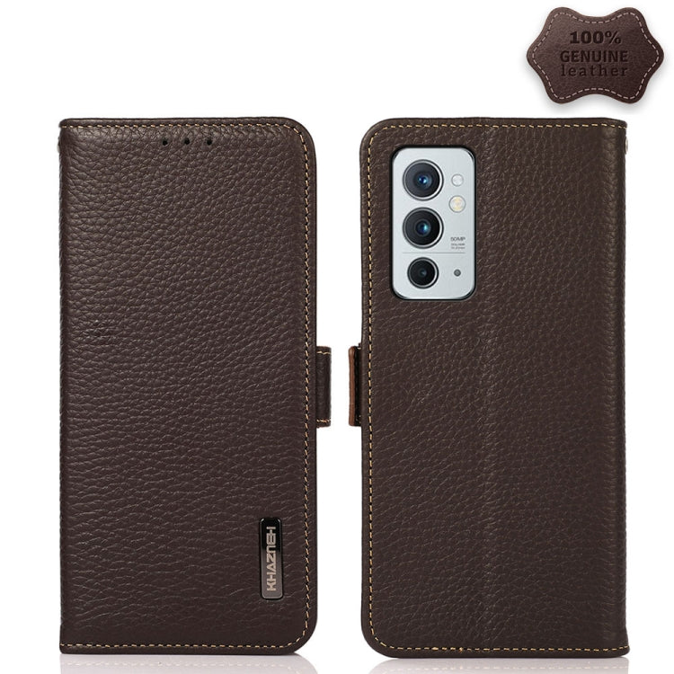 For OnePlus 9RT 5G KHAZNEH Side-Magnetic Litchi Genuine Leather RFID Phone Case(Brown) - OnePlus Cases by buy2fix | Online Shopping UK | buy2fix