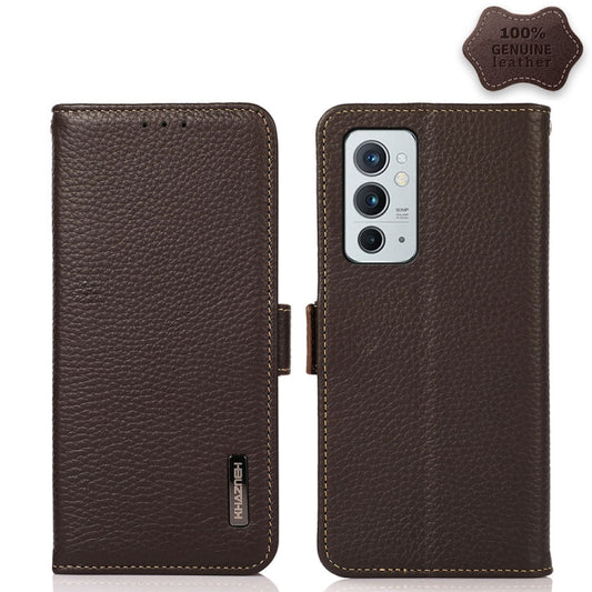 For OnePlus 9RT 5G KHAZNEH Side-Magnetic Litchi Genuine Leather RFID Phone Case(Brown) - OnePlus Cases by buy2fix | Online Shopping UK | buy2fix