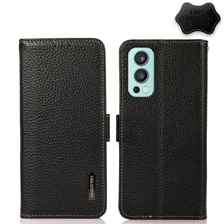 For OnePlus Nord 2 5G KHAZNEH Side-Magnetic Litchi Genuine Leather RFID Phone Case(Black) - OnePlus Cases by buy2fix | Online Shopping UK | buy2fix