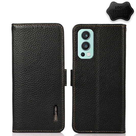 For OnePlus Nord 2 5G KHAZNEH Side-Magnetic Litchi Genuine Leather RFID Phone Case(Black) - OnePlus Cases by buy2fix | Online Shopping UK | buy2fix