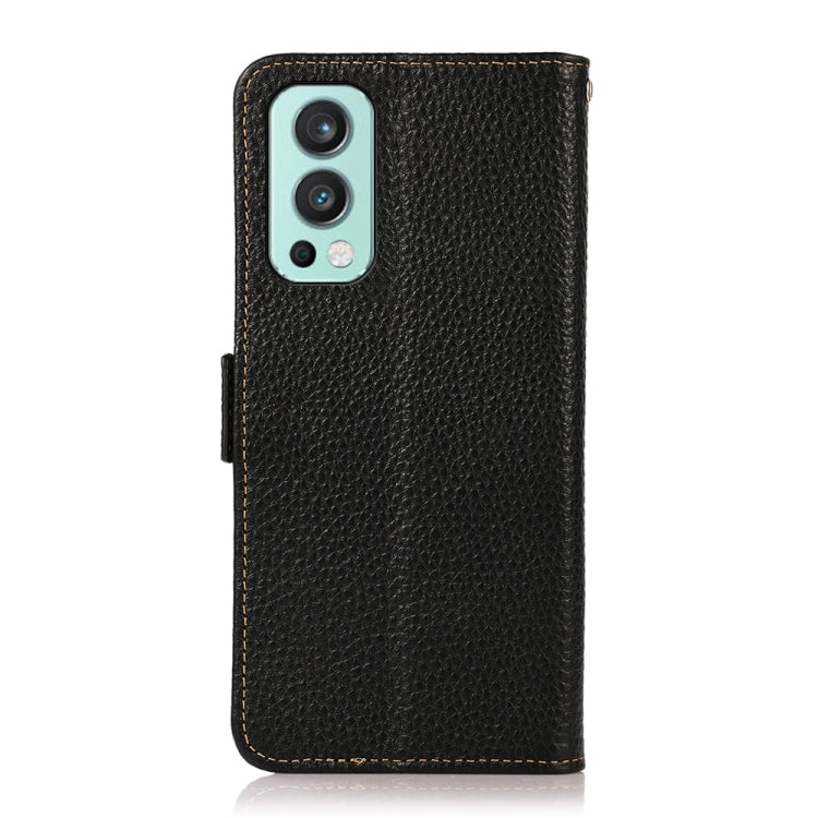 For OnePlus Nord 2 5G KHAZNEH Side-Magnetic Litchi Genuine Leather RFID Phone Case(Black) - OnePlus Cases by buy2fix | Online Shopping UK | buy2fix