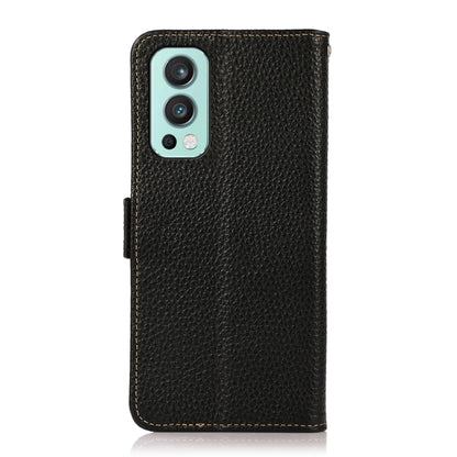 For OnePlus Nord 2 5G KHAZNEH Side-Magnetic Litchi Genuine Leather RFID Phone Case(Black) - OnePlus Cases by buy2fix | Online Shopping UK | buy2fix