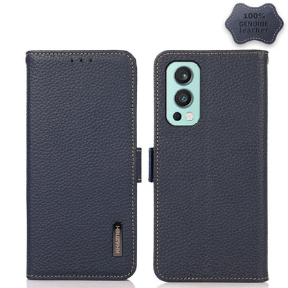 For OnePlus Nord 2 5G KHAZNEH Side-Magnetic Litchi Genuine Leather RFID Phone Case(Blue) - OnePlus Cases by buy2fix | Online Shopping UK | buy2fix