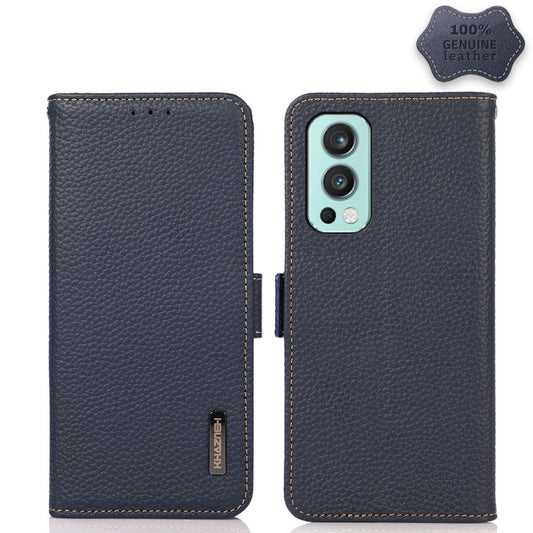 For OnePlus Nord 2 5G KHAZNEH Side-Magnetic Litchi Genuine Leather RFID Phone Case(Blue) - OnePlus Cases by buy2fix | Online Shopping UK | buy2fix