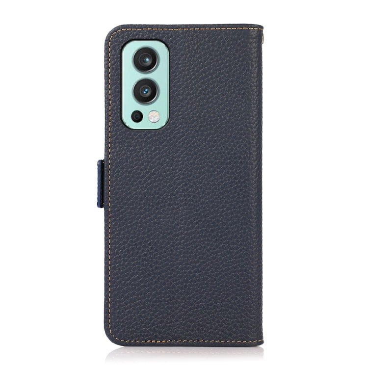 For OnePlus Nord 2 5G KHAZNEH Side-Magnetic Litchi Genuine Leather RFID Phone Case(Blue) - OnePlus Cases by buy2fix | Online Shopping UK | buy2fix