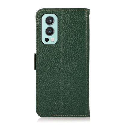 For OnePlus Nord 2 5G KHAZNEH Side-Magnetic Litchi Genuine Leather RFID Phone Case(Green) - OnePlus Cases by buy2fix | Online Shopping UK | buy2fix