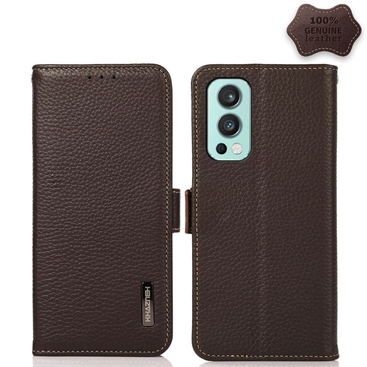 For OnePlus Nord 2 5G KHAZNEH Side-Magnetic Litchi Genuine Leather RFID Phone Case(Brown) - OnePlus Cases by buy2fix | Online Shopping UK | buy2fix