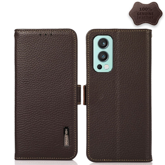 For OnePlus Nord 2 5G KHAZNEH Side-Magnetic Litchi Genuine Leather RFID Phone Case(Brown) - OnePlus Cases by buy2fix | Online Shopping UK | buy2fix