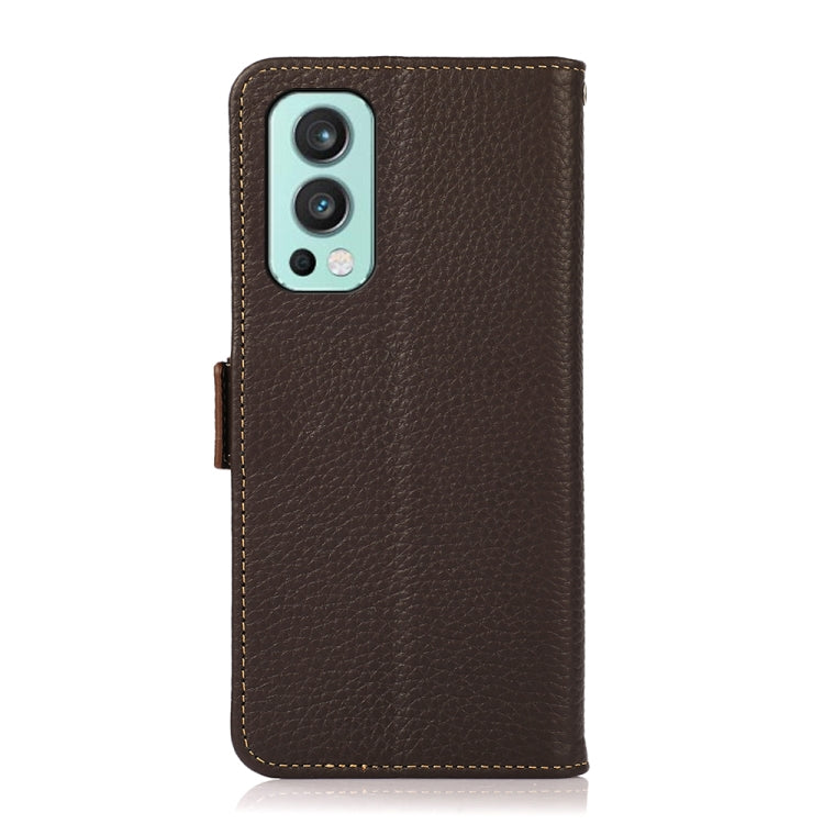 For OnePlus Nord 2 5G KHAZNEH Side-Magnetic Litchi Genuine Leather RFID Phone Case(Brown) - OnePlus Cases by buy2fix | Online Shopping UK | buy2fix