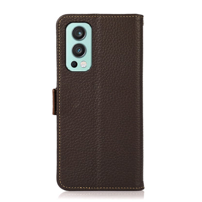 For OnePlus Nord 2 5G KHAZNEH Side-Magnetic Litchi Genuine Leather RFID Phone Case(Brown) - OnePlus Cases by buy2fix | Online Shopping UK | buy2fix