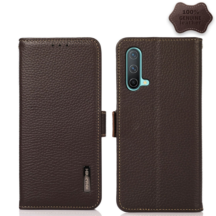For OnePlus Nord CE 5G KHAZNEH Side-Magnetic Litchi Genuine Leather RFID Phone Case(Brown) - OnePlus Cases by buy2fix | Online Shopping UK | buy2fix