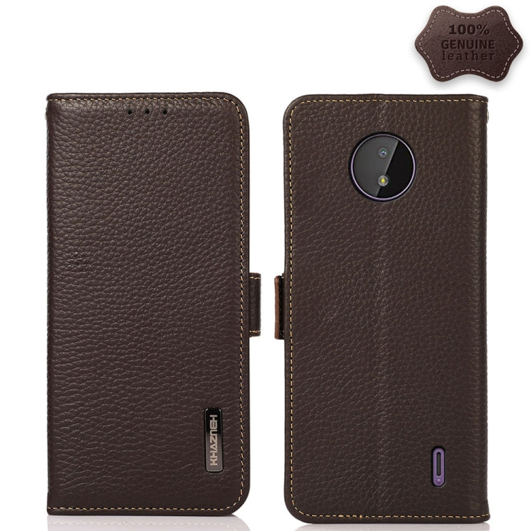 For Nokia C10 / C20 KHAZNEH Side-Magnetic Litchi Genuine Leather RFID Phone Case(Brown) - Nokia Cases by buy2fix | Online Shopping UK | buy2fix