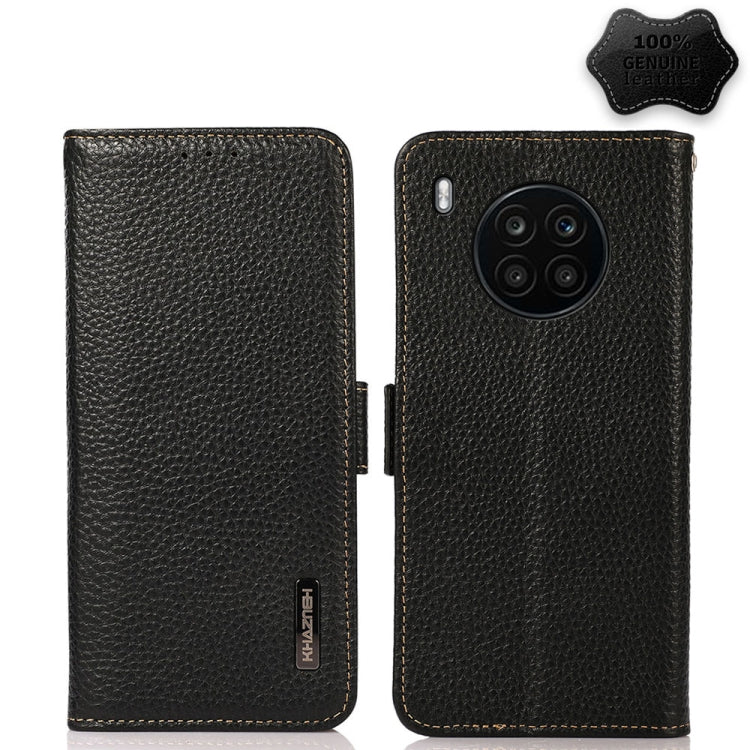 For Honor 50 Lite / Huawei nova 8i KHAZNEH Side-Magnetic Litchi Genuine Leather RFID Phone Case(Black) - Honor Cases by buy2fix | Online Shopping UK | buy2fix