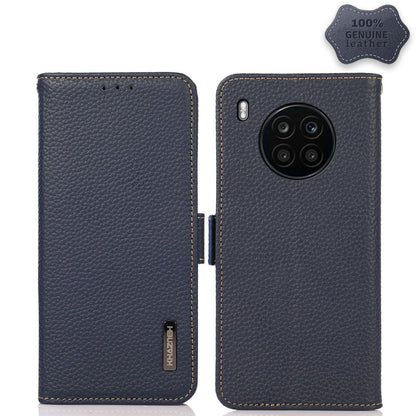 For Honor 50 Lite / Huawei nova 8i KHAZNEH Side-Magnetic Litchi Genuine Leather RFID Phone Case(Blue) - Honor Cases by buy2fix | Online Shopping UK | buy2fix