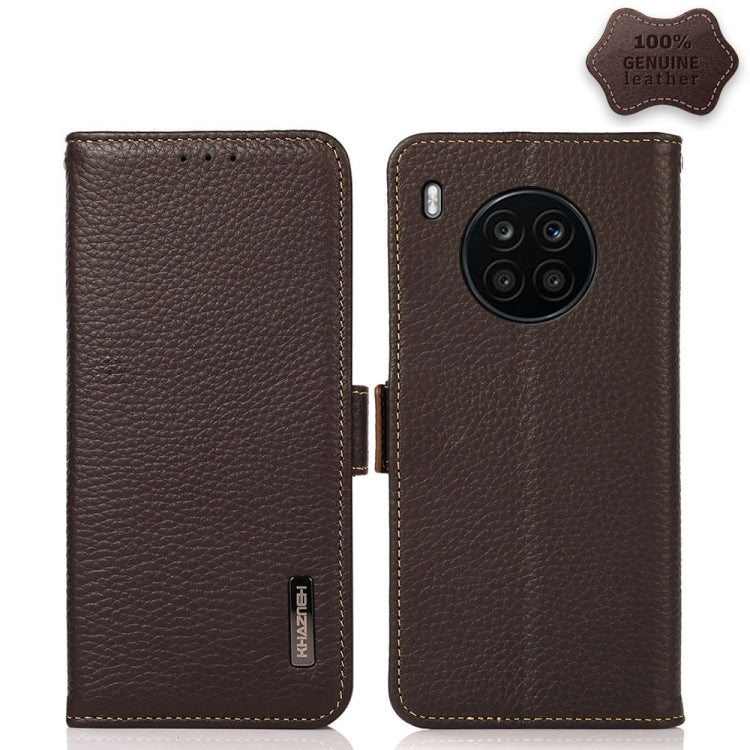 For Honor 50 Lite / Huawei nova 8i KHAZNEH Side-Magnetic Litchi Genuine Leather RFID Phone Case(Brown) - Honor Cases by buy2fix | Online Shopping UK | buy2fix