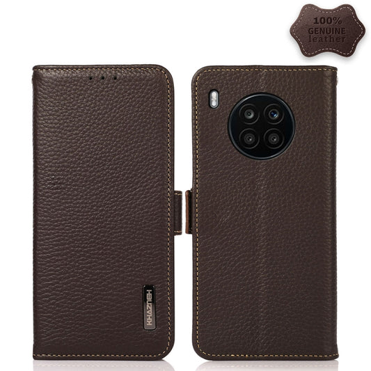 For Honor 50 Lite / Huawei nova 8i KHAZNEH Side-Magnetic Litchi Genuine Leather RFID Phone Case(Brown) - Honor Cases by buy2fix | Online Shopping UK | buy2fix
