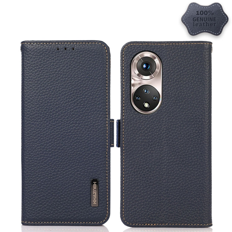 For Honor 50 Pro KHAZNEH Side-Magnetic Litchi Genuine Leather RFID Phone Case(Blue) - Honor Cases by buy2fix | Online Shopping UK | buy2fix