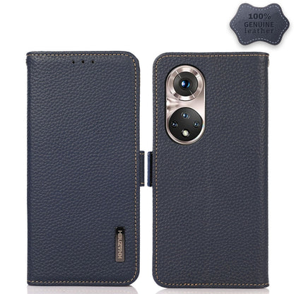 For Honor 50 Pro KHAZNEH Side-Magnetic Litchi Genuine Leather RFID Phone Case(Blue) - Honor Cases by buy2fix | Online Shopping UK | buy2fix