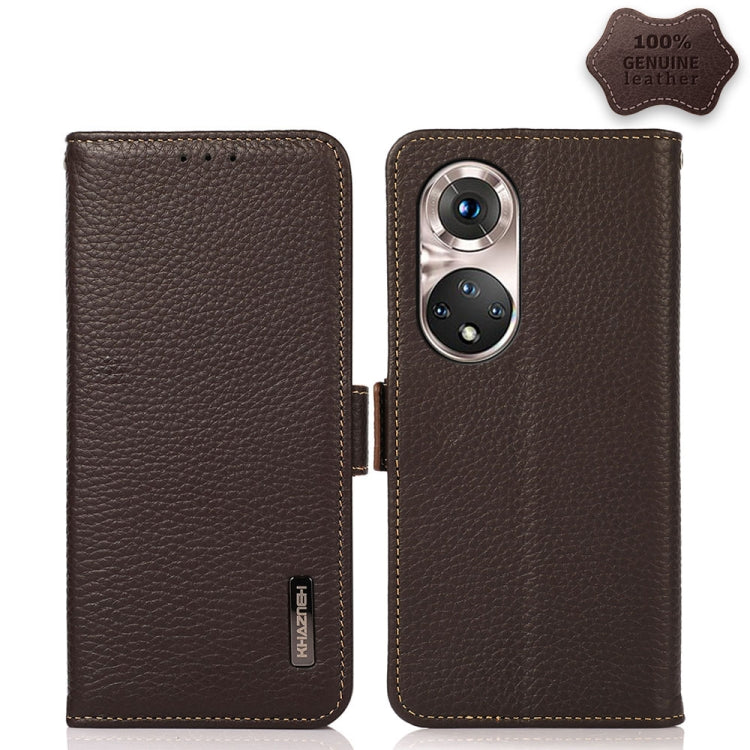 For Honor 50 Pro KHAZNEH Side-Magnetic Litchi Genuine Leather RFID Phone Case(Brown) - Honor Cases by buy2fix | Online Shopping UK | buy2fix