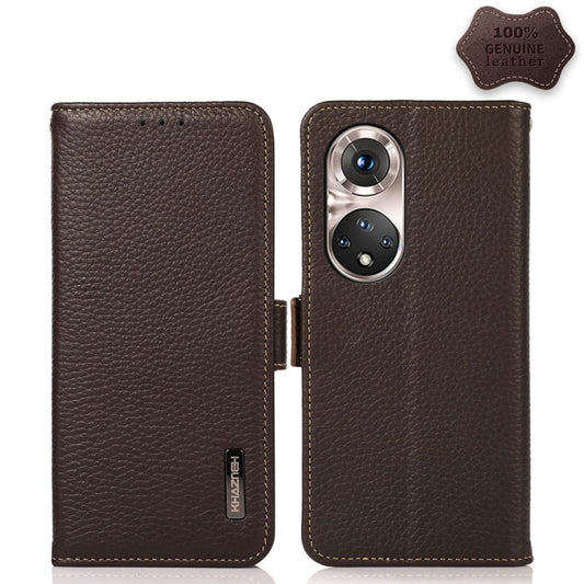 For Honor 50 Pro KHAZNEH Side-Magnetic Litchi Genuine Leather RFID Phone Case(Brown) - Honor Cases by buy2fix | Online Shopping UK | buy2fix