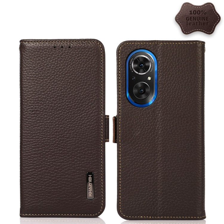 For Honor 50 SE KHAZNEH Side-Magnetic Litchi Genuine Leather RFID Phone Case(Brown) - Honor Cases by buy2fix | Online Shopping UK | buy2fix